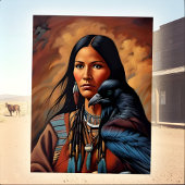 Native American Woman & Raven Bold Western Briefkaart