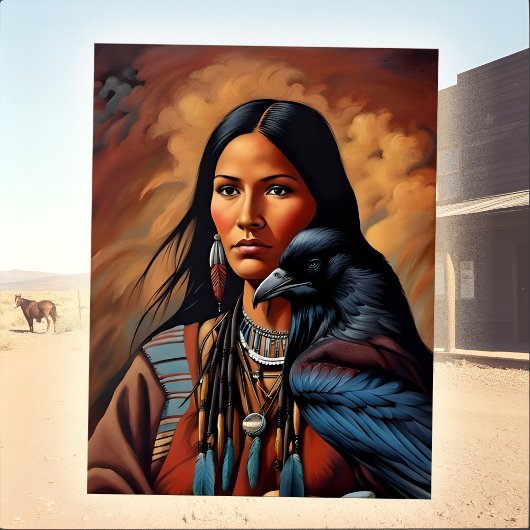 Native American Woman & Raven Bold  Western Briefkaart