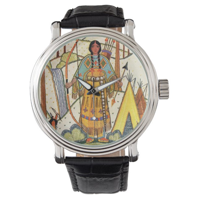  Native American Woman Village Forest Horloge (Voorkant)
