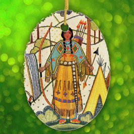  Native American Woman Village Forest Keramisch Ornament