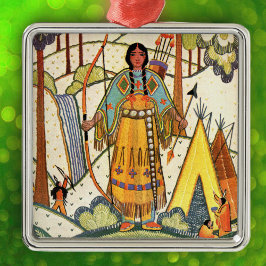 Native American Woman Village Forest Metalen Ornament