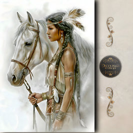Native American Woman & White Horse Decoupage Tissuepapier