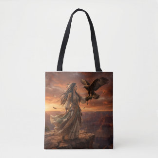 Native American Woman with Eagle on Cliff Tote Bag