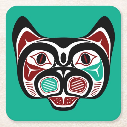 Native Amerikaans Rood Wit Zwart Haida Kat Kartonnen Onderzetters (Voorkant)