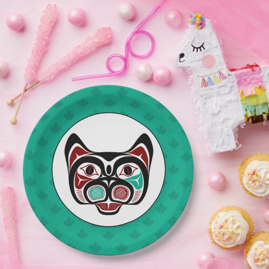 Native Amerikaans Rood Wit Zwart Haida Kat Papieren Bordje (Feest)