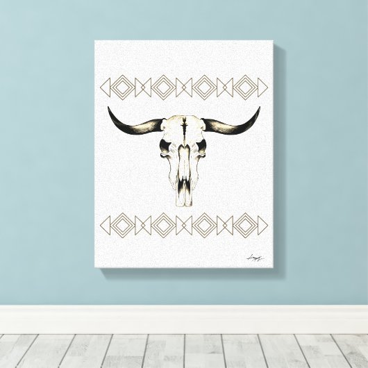 Native Amerikaanse Buffalo Skull Mixed Media Kunst Canvas Afdruk (Insitu (Houten vloer))