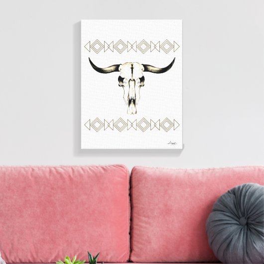 Native Amerikaanse Buffalo Skull Mixed Media Kunst Canvas Afdruk (Insitu (Woonkamer))
