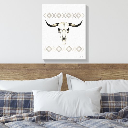 Native Amerikaanse Buffalo Skull Mixed Media Kunst Canvas Afdruk (Insitu (Slaapkamer))