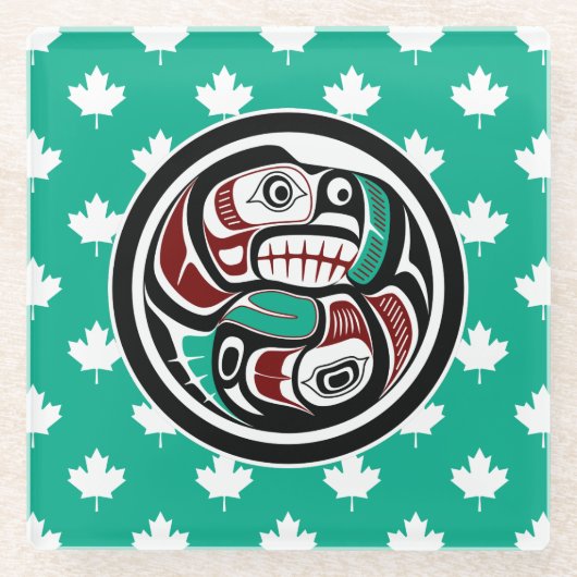 Native Amerikaanse Rode Zwart Wit Haida Otter Zalm Glazen Onderzetter (Voorkant)