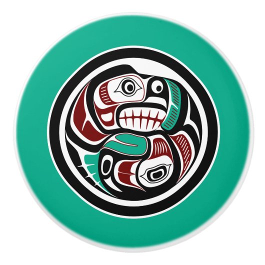 Native Amerikaanse Rode Zwart Wit Haida Otter Zalm Keramische Knop (Voorkant)