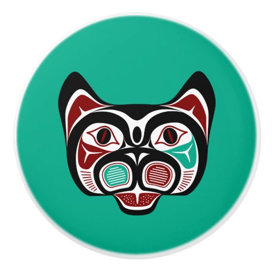 Native Amerikaanse Rode Zwarte Vector Haida Kat Keramische Knop (Voorkant)