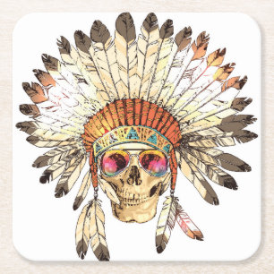 Native Amerikaanse schedel Mode Illustratie Kartonnen Onderzetters