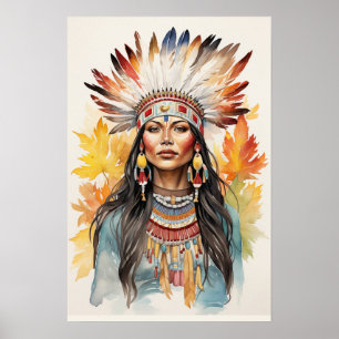 Native Amerikaanse Vrouw Waterverf Art Print