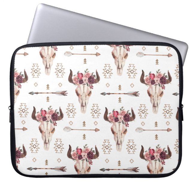 Native bull skul and arrows tribal seamless patter laptop sleeve (Voorkant)