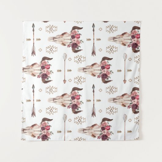 Native bull skul and arrows tribal seamless patter wandkleed (Voorkant (horizontaal))