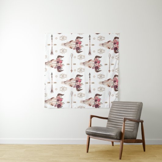 Native bull skul and arrows tribal seamless patter wandkleed (In Situ (horizontaal))