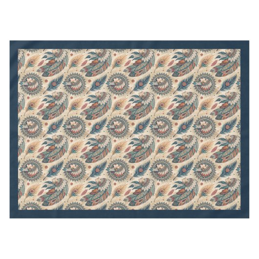 Native Etnic Tribal Feathers pastel blauw koper Tafelkleed (Voorkant (Horizontaal))