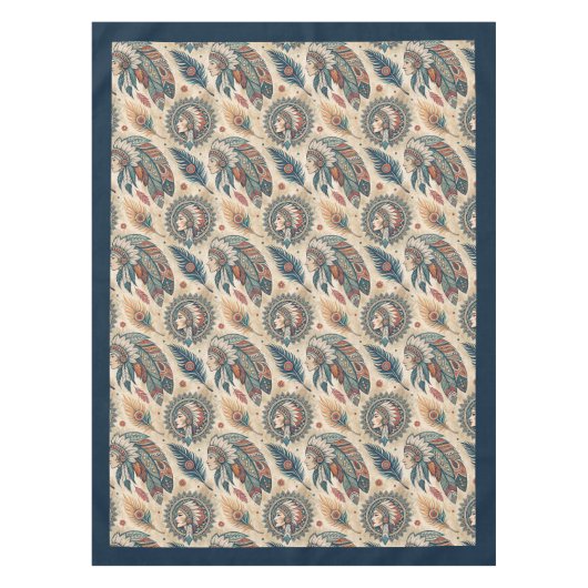 Native Etnic Tribal Feathers pastel blauw koper Tafelkleed (Voorkant)