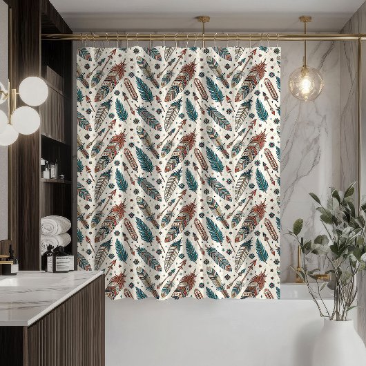 Native Feather Curtain Earthy Tribal Bathroom Look Douchegordijn
