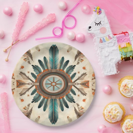 Native Feather Retro Dream Catcher Pattern Papieren Bordje (Feest)