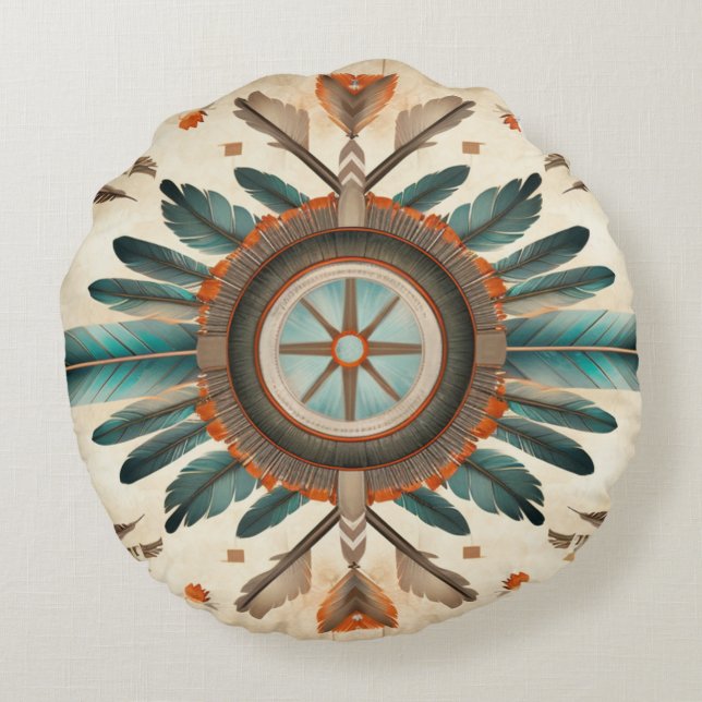  Native Feather Retro Dream Catcher Pattern Rond Kussen (Achterkant)