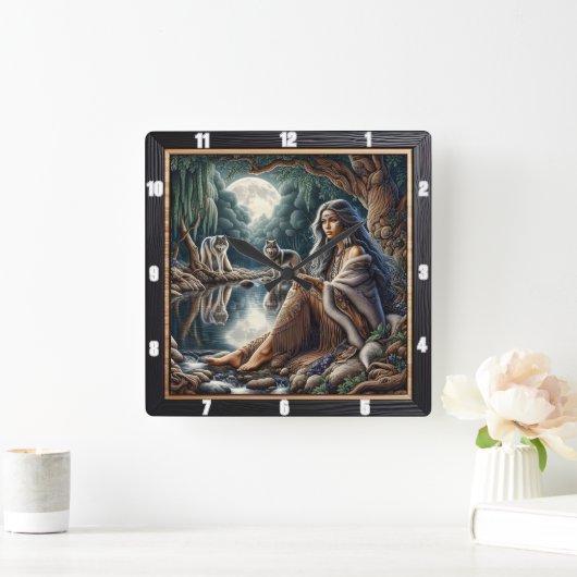 Native Moonlit Glade: Wisdom Keeper Art Vierkante Klok (Huis)