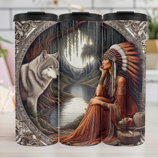 Native Reverie, Wolf Guardian, Moonlit. Frame. Thermosbeker
