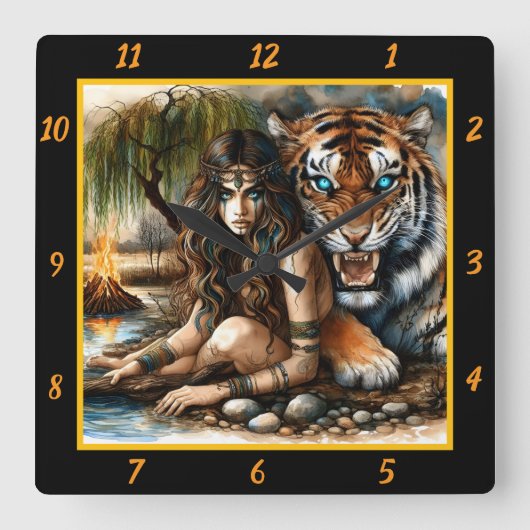 Native Secrets: Tiger's Whispers Moon's Glow Vierkante Klok (Voorkant)