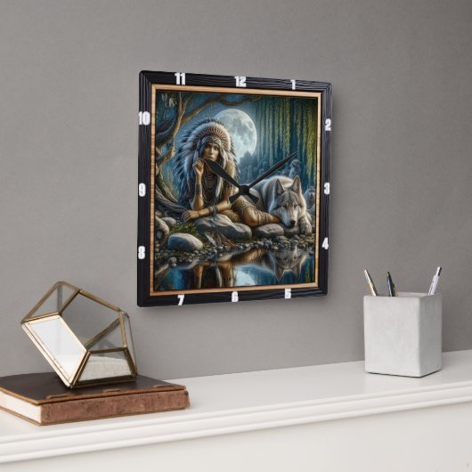 Native Spirit: Flowing Stream Gouden Licht Vierkante Klok (Kantoor)