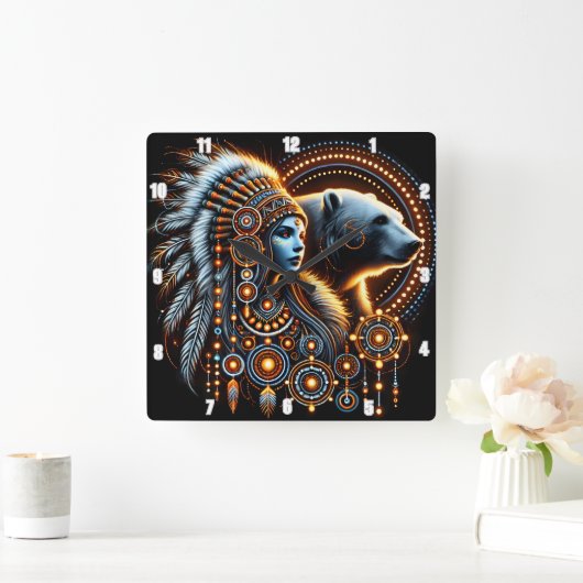 Native Spirit met Beer in lichtgevend ontwerp Vierkante Klok (Huis)
