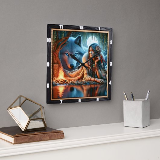 Native Stillness: River's Edge Twilight Calm Vierkante Klok (Kantoor)