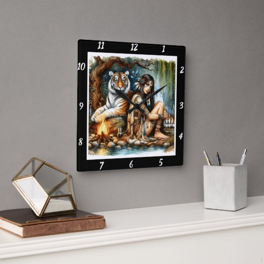Native Strength: Tiger's Might Forest's Diepte Vierkante Klok (Kantoor)
