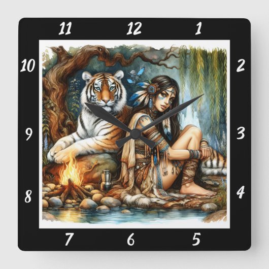 Native Strength: Tiger's Might Forest's Diepte Vierkante Klok (Voorkant)