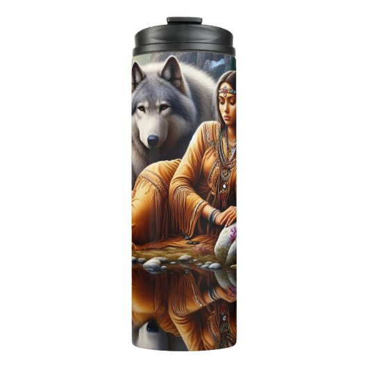 Native Tranquil Reflection, vrouwen en wolven. Thermosbeker (Voorkant)