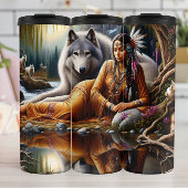 Native Tranquil Reflection, vrouwen en wolven. Thermosbeker