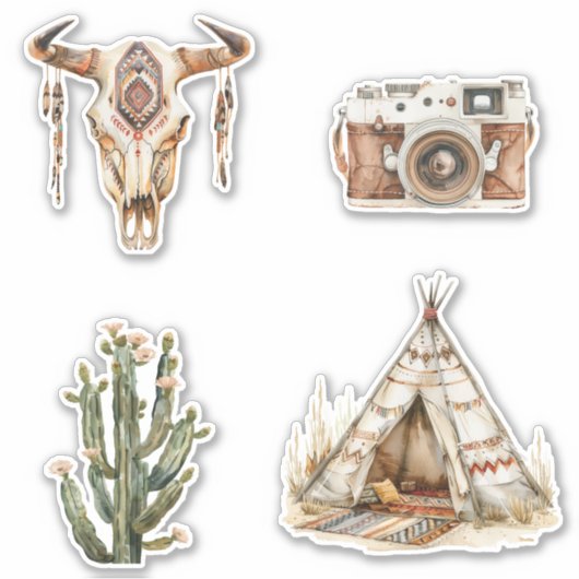 Native Tribal Bull Horns Skull Cactus Sticker (Voorkant)
