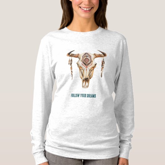 Native Tribal Bull Horns Skull   T-shirt (Voorkant)