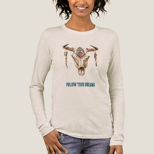 Native Tribal Bull Horns Skull Tri-Blend Shirt (Voorkant)