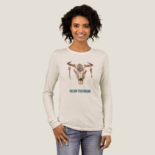 Native Tribal Bull Horns Skull Tri-Blend Shirt (Voorkant)