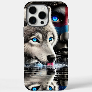 Native Warrior en Wolf Moonlit Reflection iPhone 16 Pro Max Hoesje