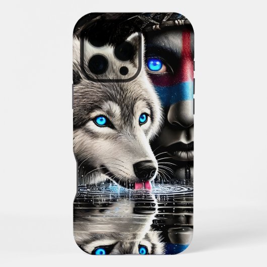 Native Warrior en Wolf Moonlit Reflection iPhone Hoesje (Achterkant)