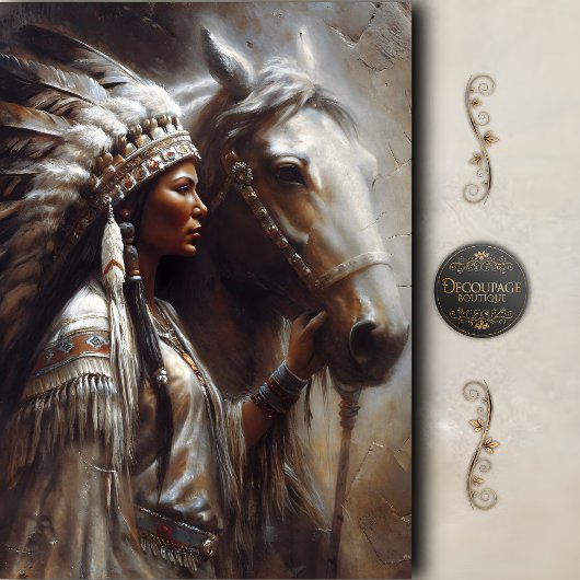 Native Woman & White Horse Headdress Decoupage Tissuepapier