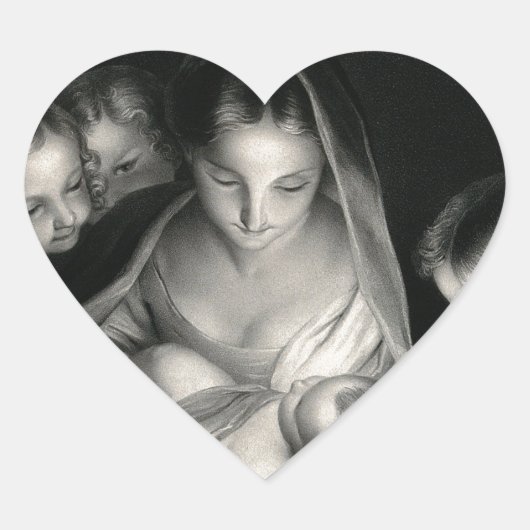 Nativiteit Baby Jesus Virgin Mary Angels Black Whi Hart Sticker (Voorkant)
