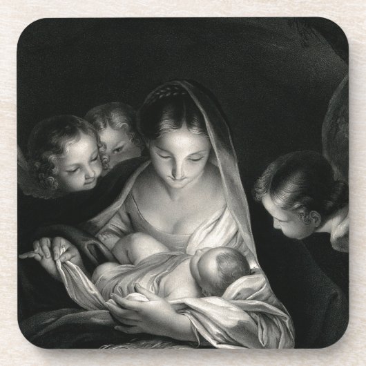 Nativiteit Baby Jesus Virgin Mary Angels Black Whi Onderzetter (Voorkant)