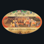 NATIVITEIT CHRISTMAS PARCHMENT/ADORATIE MAGI OVALE STICKER<br><div class="desc">Elegant,  klassiek en helder kerstontwerp van de Italiaanse schilder Paolo Uccello met gouden florale en antiek,  klassieke bruine parkbedekking.</div>