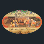 NATIVITEIT CHRISTMAS PARCHMENT/ADORATIE MAGI OVALE STICKER<br><div class="desc">Elegant,  klassiek en helder kerstontwerp van de Italiaanse schilder Paolo Uccello met gouden florale en antiek,  klassieke bruine parkbedekking.</div>