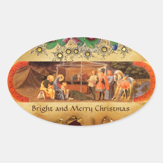 NATIVITEIT CHRISTMAS PARCHMENT/ADORATIE MAGI OVALE STICKER (Voorkant)