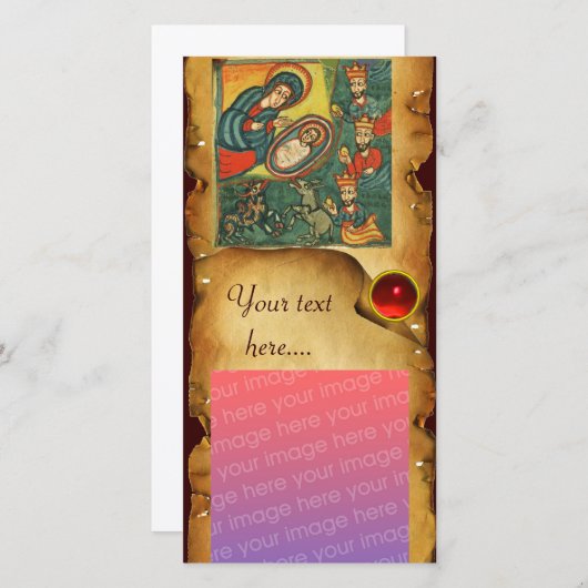 NATIVITEIT CHRISTMAS PARCHMENT / Adoratie van Magi Feestdagenkaart (Voorkant / Achterkant)