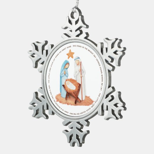 Nativiteit in een gevaarlijke caroltekst tin sneeuwvlok ornament (Rechts)