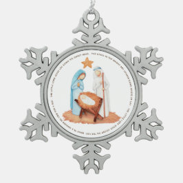 Nativiteit in een gevaarlijke caroltekst tin sneeuwvlok ornament